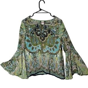 Bila Bohemian Flare Sleeve Semi Sheer Green Floral Blouse Size Womens Medium